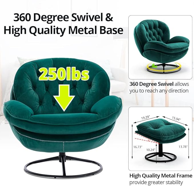 Velvet Swivel Accent Chair with Ottoman Set Modern Lounge Chair with Metal Base Frame &amp Footrest Comfortable Single Leisure Sofa Chair Reading Chair with 360 Degree Swiveling for Living Room Gr