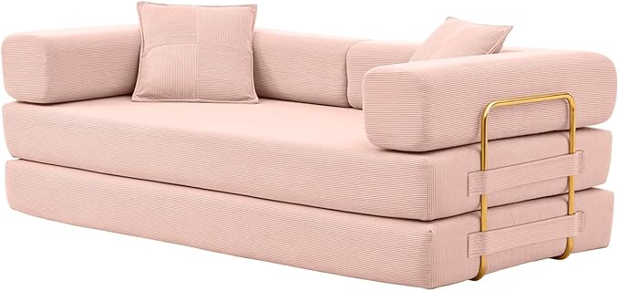 4-in-1 Folding Convertible Sofa Bed 78 Inch Boneless Couch with Fixed-Shape Frame Corduroy Loveseat Sleeper with Pull Out Bed Floor Sofa Modular Futon Couch for Living Room Bedroom Lounge (Pink)