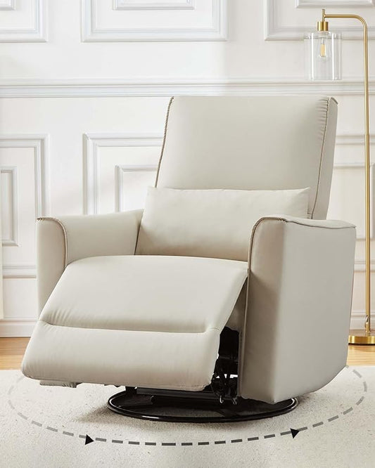 Swivel Rocking Recliner Chair Upholstered Faux Leather Glider Recliner with Lumbar Support High Backrest &amp Padded Armest Manual Nursery Recliner for Living Room (Manual Beige)