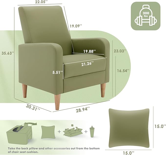 COLAMY Mid-Century Modern Upholstered Accent Chair with Back Pillow &amp Solid Wood Legs Leather Cozy Armchair for Living Room Bedroom Reading Nook Apartment &amp Small Spaces Green