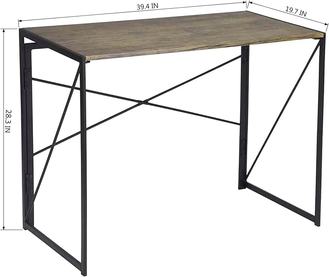 Folding Computer Desk for Home Office – 39 Small Portable Writing Desk Light Brown Oak and Black Frame Space-Saving Modern Study Table No Assembly Required
