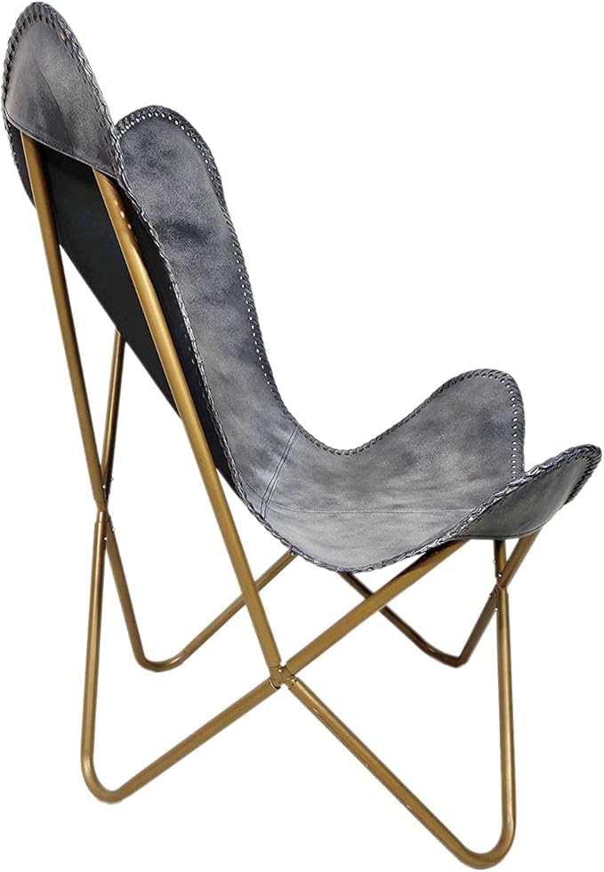PLW Handmade Gray Leather Butterfly Chair with Ottoman – Folding Lounge Chair Set with Gold Iron Frame Vintage Accent Seating for Living Room Bedroom or Office