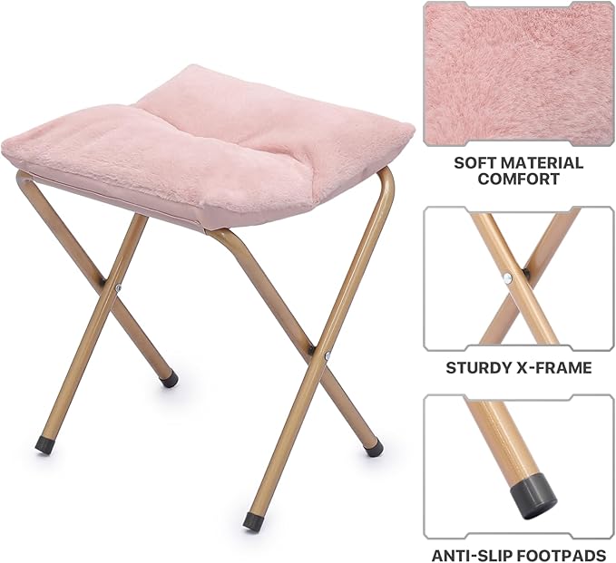 MoNiBloom Square Folding Faux Fur Saucer Chair for Bedroom Living Room Dorm Foldable Metal Frame Oversized Large Comfy Furry Padded Soft Cozy Moon Chair with Footrest Ottoman for Adults (Pink 2 Set)