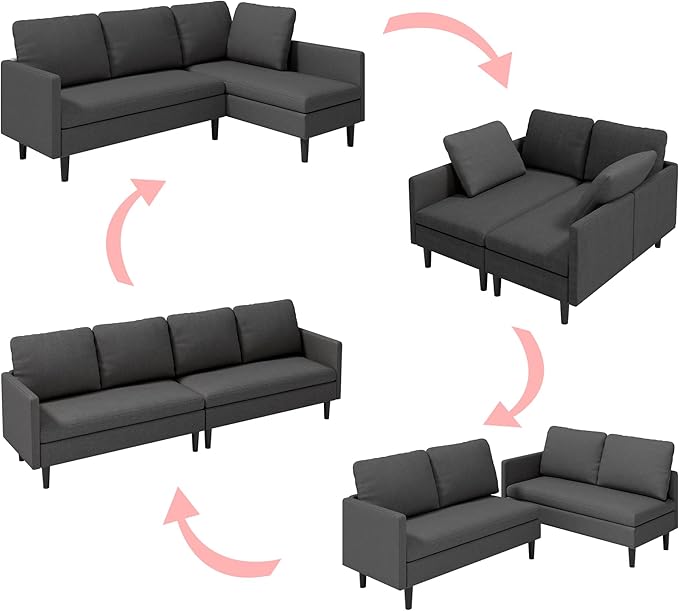 Gizoon Modular Sectional Sofa Convertible L Shaped Couch 4 Seat Modern Sofa Bed with Detachable Modules Terry Cloth Fabric 6 Legs for Living Room Apartment Small Space Dark Grey
