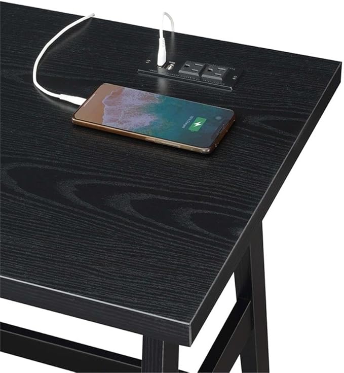 Pemberly Row Trestle Desk with Charging Station Black Wood Finish 47 in x 20 in x 29.25 in 2 Fixed Shelves USB Ports Power Outlets Modern Home Office Desk for Workspace or Study