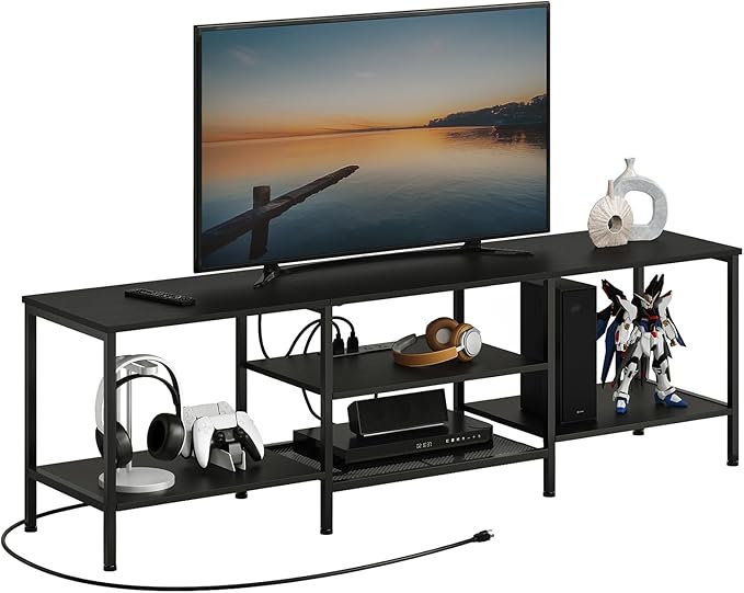 HOOBRO TV Stand with Power Outlets to 75 Inches TV Console Table with Open Storage Shelves Cabinet Industrial Media Entertainment Center for Living Room Bedroom Black BB60DS01