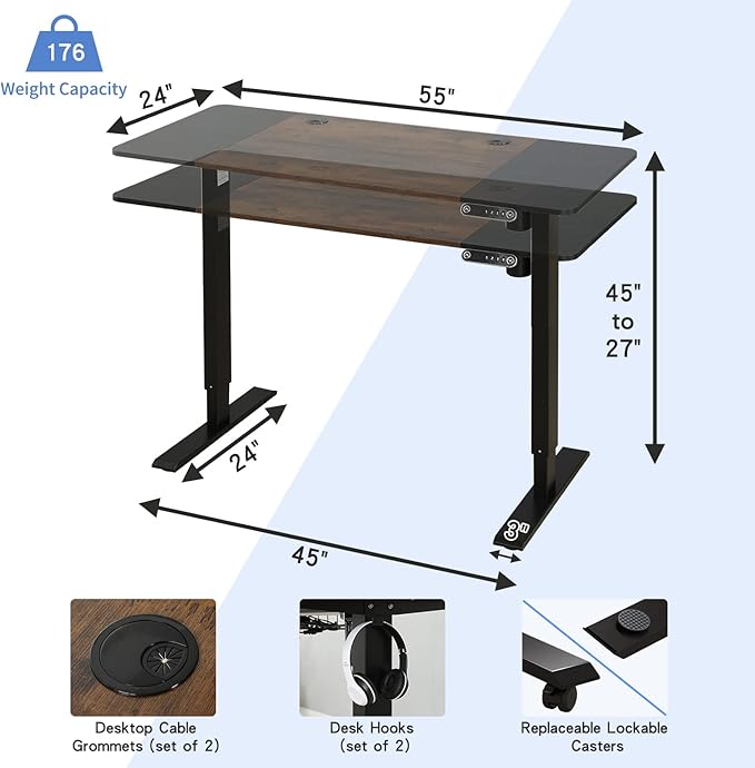 Height Adjustable Electric Standing Desk 55X24 Height Stand Up Computer DeskSit and Stand Home Office Desk with Splice Board (Black+Brown Top Black Frame)