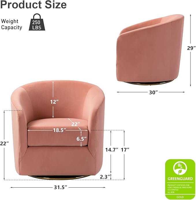 HULALA HOME Swivel Accent Chair with Gold Metal Base Set of 2 Contemporary Velvet Curved Swivel Barrel Chair Upholstered Club Armchair Leisure Single Sofa for Living Room Nursery Bedroom(Pink)