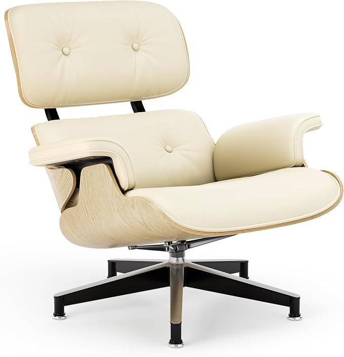 Top Cream White Grain Leather Mid Century Chaise Lounge Chair and Ottoman Modern Chair Classic Design Ash Wood Heavy Duty Base Support for Living Room Office