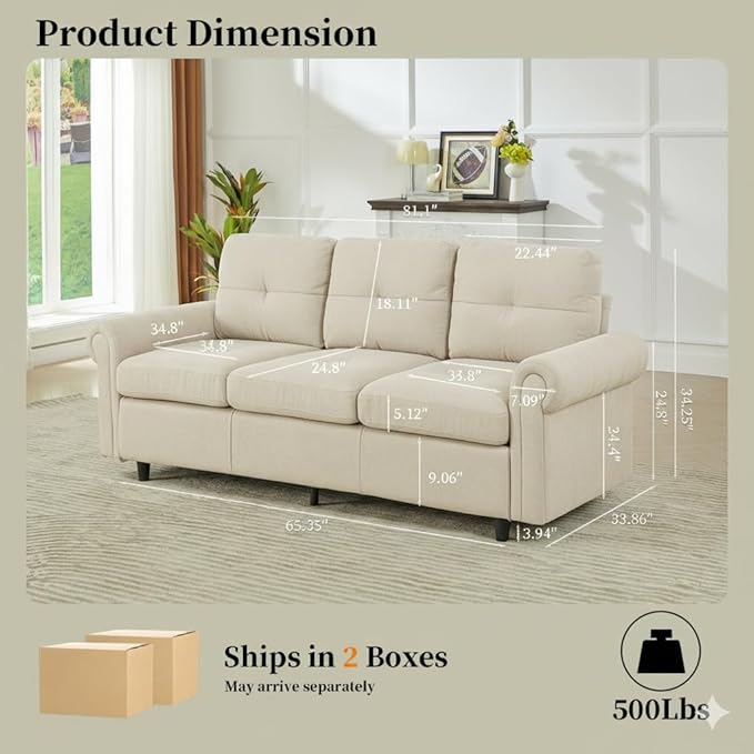 81.1 3-Seater Fabric Sofa Modern Living Room Couch with Rolled Arms and Stitch-Tufted Cushions Comfortable Upholstered Sofa for Home or Apartment (White 3 Seater)