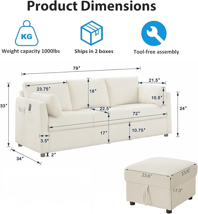 79 L Shaped Couch with Storage Ottoman 3 Seater Corduroy Sofa with 2 Pillows and Storage Pockets Convertible Small Couches for Living Room Apartment Small Spaces Home Office Grey