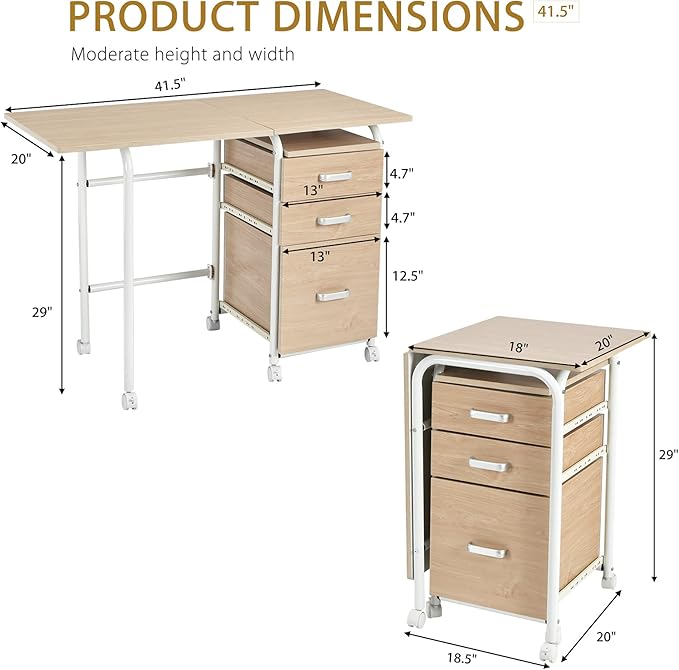 Tangkula Folding Computer Desk with 3 Storage Drawers Mobile Home Office Desk Study Writing Desk with Smooth Wheels Space Saving Compact Desk for Dorm Apartment Rolling Folding Desk Table