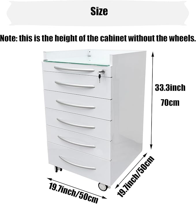 5 Drawers Mobile Office File Storage Cabinet Stainless Steel Dental Medical Assistant Cabinet Utility Cart Glass Countertop with Lock and Wheels and Storage Tray for Office Hospital White