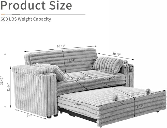 68 Corduroy Convertible Sofa Bed with USB Storage Armrests &amp Pillows – 3-in-1 Foldable Sleeper Chair Floor Couch for Living Room Bedroom Guest Room (ZY-1109-Light Gray)