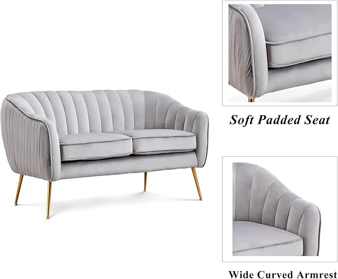 Artechworks Contemporary Tufted Velvet Tub Barrel Loveseat Sofa Chair Upholstered Couch with Golden Metal Legs Club Two-Seat Sofa for Living Reading Room Bedroom Apartment Small Space Dorm Grey