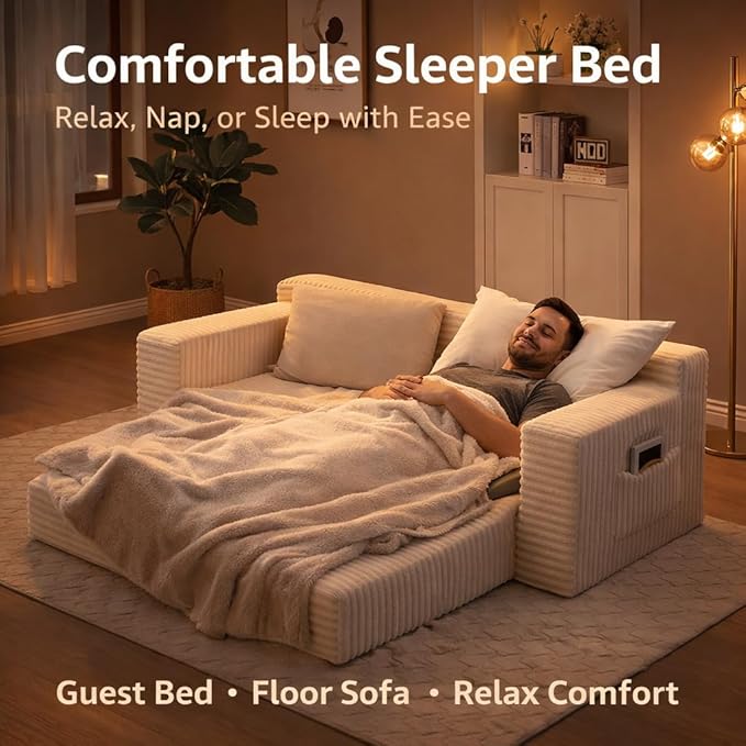 73INCH 2 in 1 Convertible Folding Couch Bed Corduroy Sleeper Sofa with Pull-Out Bed No Assembly Floor Sofa for Living Room Apartment &amp Small Spaces (Beige)