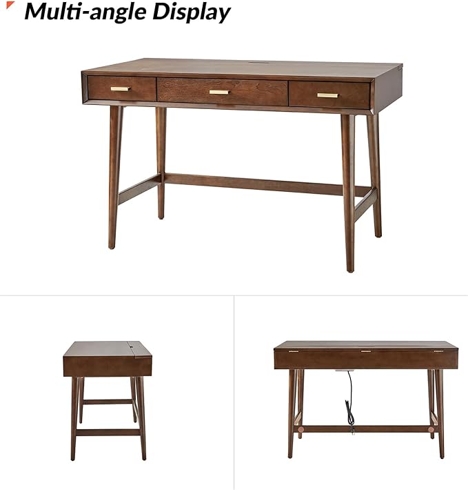 HULALA HOME 47 Writing Desk with 3 Drawers Wood Office Desk with USB Charging Staion Vintage Office Desk with Cable Management(Walnut)