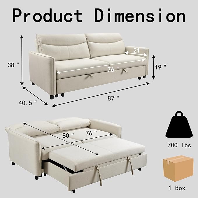 THSUPER 87'' King Size Pull Out Couch Bed Convertible King Sleeper Sofa for Small Space Comfy RV Sleeper Couch That Turns into Bed (Beige)