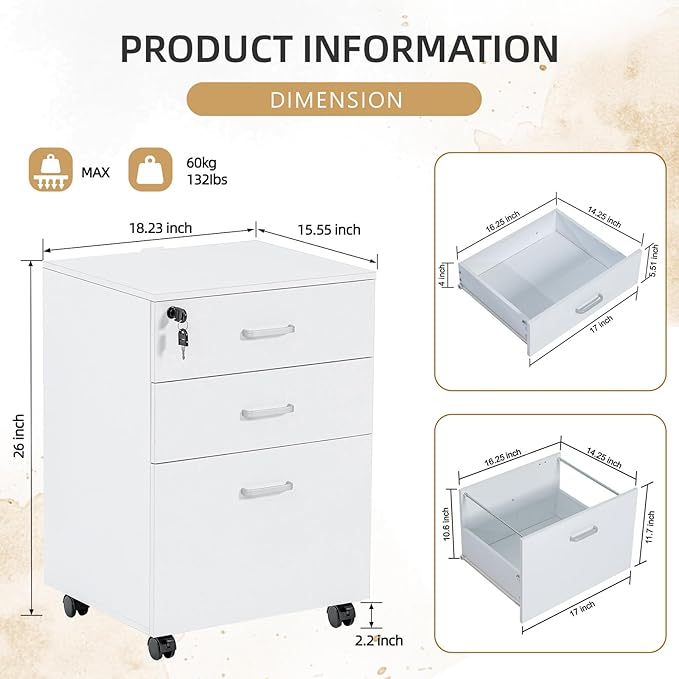 QDSSDECO 3 Drawer Mobile File Cabinet Rolling Vertical Filing Cabinet fits A4 Legal Paper and Letter Paper for Home Office White with Lock