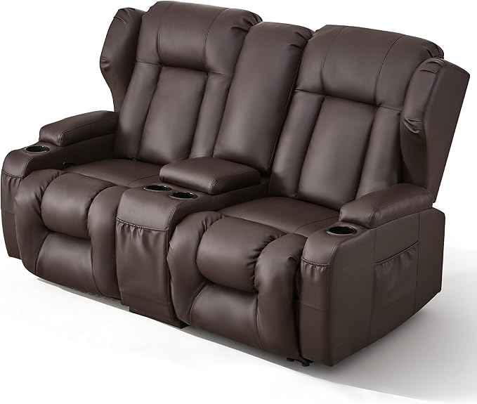 BINGTOO Manual Double Reclining Loveseat Sofa 2-Seater RV Wall Hugger Leather Couch for Living Room &amp Home Theater with Storage Console/Cup Holders/Side Pockets PU Brown