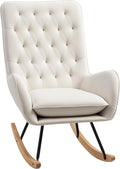 HOMCOM Mid-Century Fabric Rocking Chair Sofa Armchair Tufted Rocker Wingback Accent Chair with Padded Seat Rubber Wood Base for Home Studio Bedroom Living Room Cream White