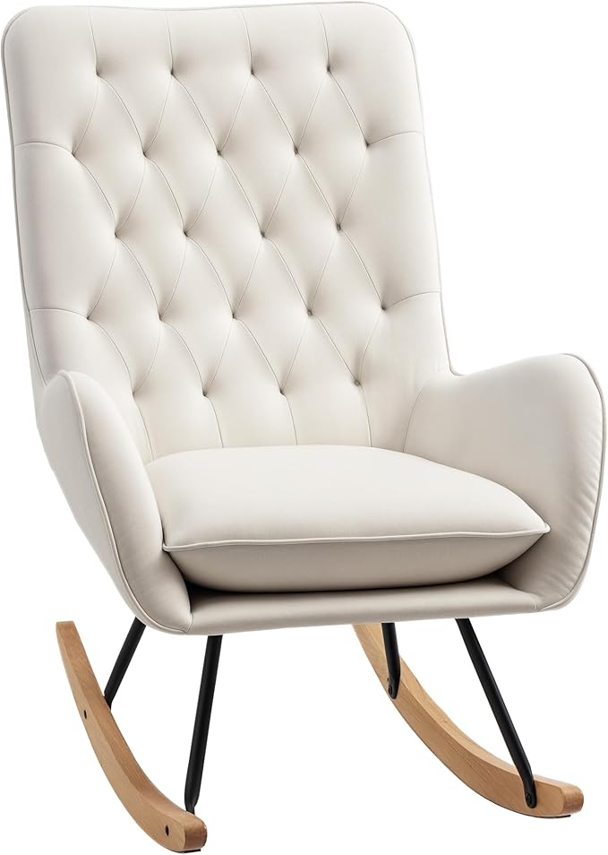 HOMCOM Mid-Century Fabric Rocking Chair Sofa Armchair Tufted Rocker Wingback Accent Chair with Padded Seat Rubber Wood Base for Home Studio Bedroom Living Room Cream White