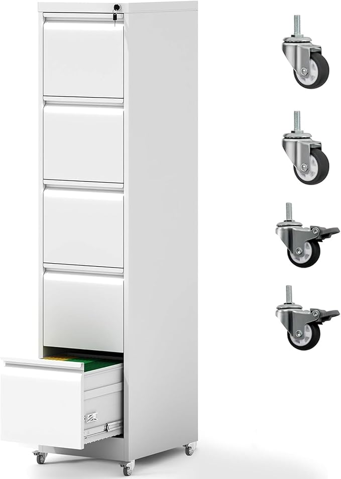 5 Drawer File Cabinet with Wheels Metal Mobile Filing Cabinets with Lock Vertical File Cabinet for Home Office Rolling Storage Cabinet for A4/Letter/Legal Size File Assembly Required White