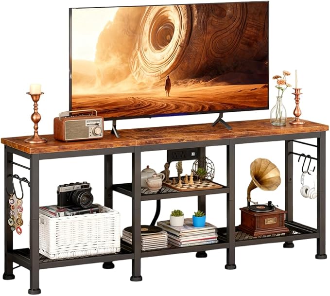 LUCKLIFE TV Stand with Charging Station for TVs up to 55 InchRustic Wood Entertainment Center with 3-Tier Storage ShelvesModern TV Media Console Table with 4 Hooks for Living RoomBedroom(Brown)