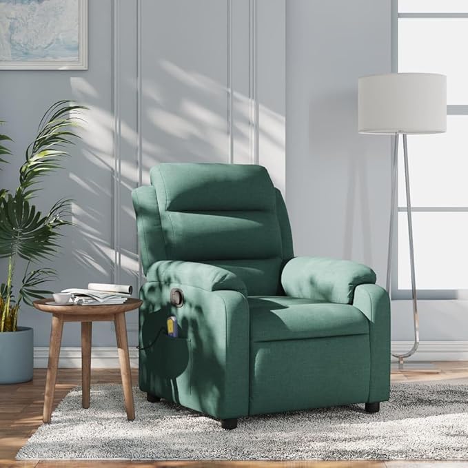 vidaXL Dark Green Fabric Massage Recliner Chair - Manual Reclining Armchair with Vibration Massage Cozy Padded Seating Side Pocket