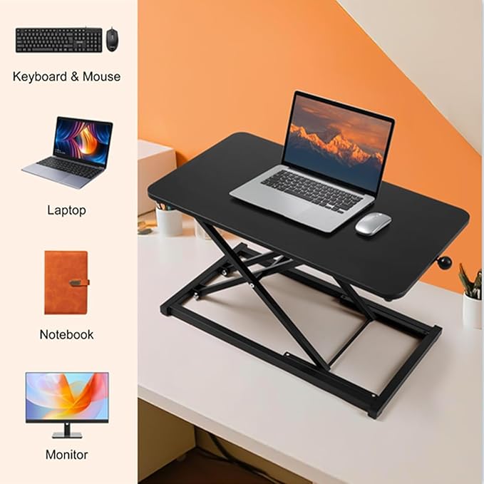 Standing Desk Converter Height AdjustableKeyboard Riser for Stand Up Desk Riser Easy Lift Height Converter Computer Workstations Home Office Study Room Portable Small Table Black Size 23.6 Inch D