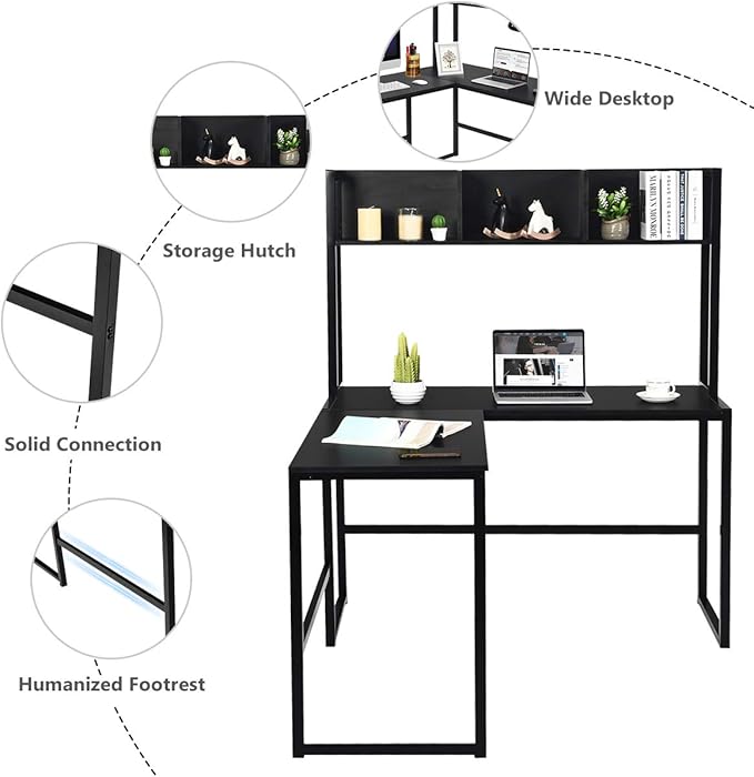 Tangkula Reversible L-Shaped Desk with Hutch Space Saving Corner Computer Desk with Storage Shelves Home Office Study Writing Desk Computer Workstation with Storage Bookshelf Gaming Desk