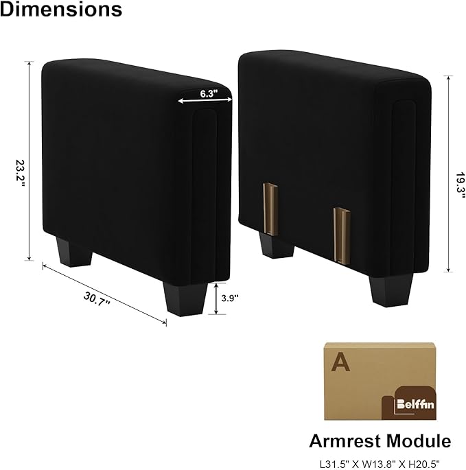 Belffin Velvet Armrest Module for Modular Sectional Sofa Couch Side Armrest for Sectional Modular Couch Black