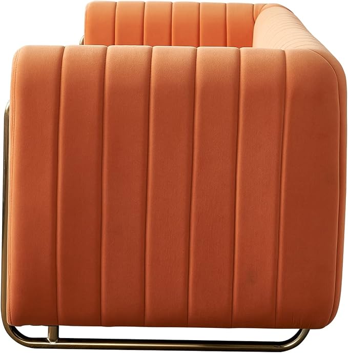 kevinplus 84.2'' Velvet Chesterfield Sofa Couch for Living Room Modern Luxury 3-Seat Upholstered Sofa Couch for Apartment Bedroom Dorm Office Strong Gold Metal Legs (Channel Backrest Orange)