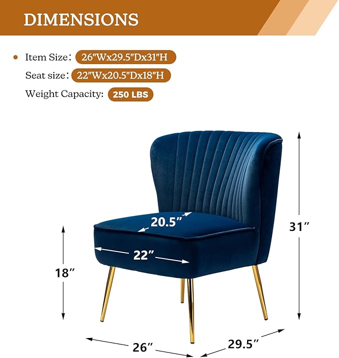 HULALA HOME Velvet Accent Chair Modern Upholstered Cute Side Chair with Gold Metal Legs Armless Wingback Slipper Chair Comfy Living Room Chair for Bedroom Guest Room Vanity Navy