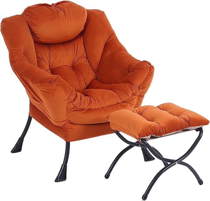LITA Lazy Chair with Ottoman Modern Lounge Accent Chair with Armrests and a Side Pocket Leisure Upholstered Sofa Chairs Set Reading Chairs with Footrest for Small SpaceOrange