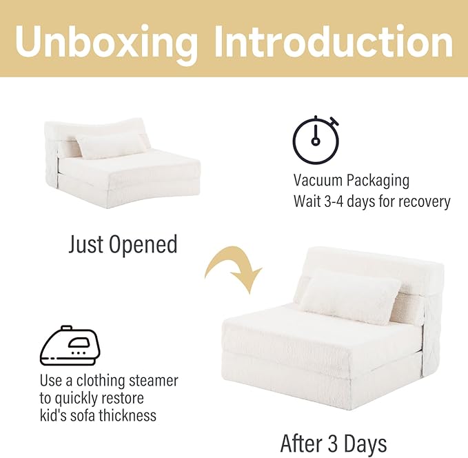 Tiita Convertible Folding Kids Sofa Bed with Pillow &amp Storage Bag Plush Fabric Floor Mattress Couch Bed Washable Cover Kids Room Playroom Dorm Apartment Beige
