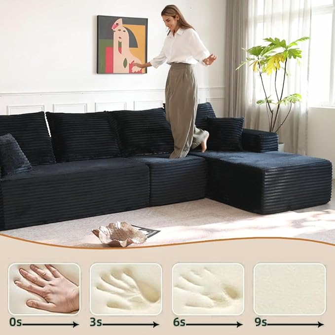 107.5 Sectional Couch Sofa Modular Cloud Couch with Pillows Corduroy L-Shape Sectional Couches for Living Room Apartment Office No Assembly Required (Black Left Facing Chaise+2 Seaters)