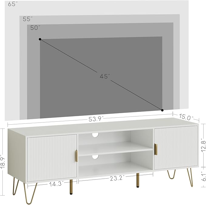 TV Stand for 55-65 Inch TV Entertainment Center with Soft Hinge DoorTV Console Table with 2 Cabinets with Gold Handle and Feetfor Living Room Bedroom White