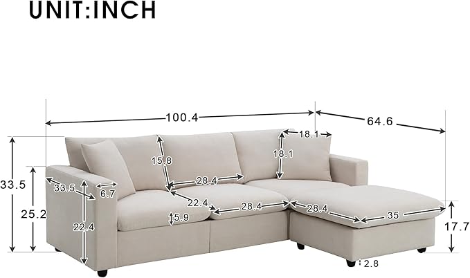 100.4 Modern Sectional Sofa with Ottoman - 3-Seat L-Shape Sofa Upholstered Fabric Couch Set for Living Room Apartment Office - Beige