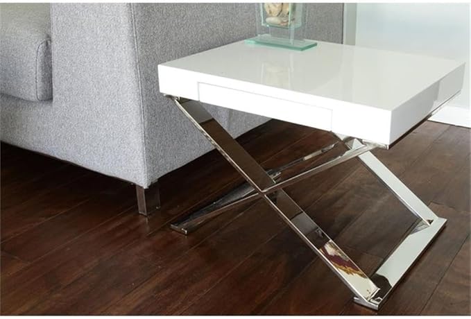 Pemberly Row Modern Side Table High Gloss Lacquer Finish High Polished Steel Metal Legs White 16 H x 21 W x 16 D Pull-Out Drawer Multifunctional End Table or Nightstand