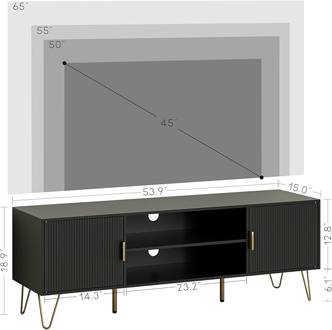 TV Stand for 55-65 inch TV Entertainment Center with Soft Hinge DoorTV Console Table with 2 Cabinets with Gold Handle and Feetfor Living Room Bedroom Black