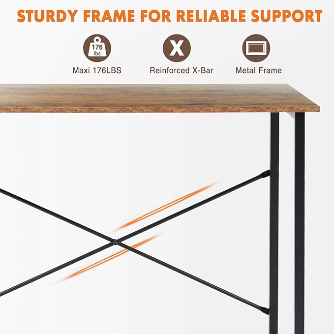 Sweetcrispy Small Computer Desk63 Inch Office Writing Work Desk with Metal Frame Wooden Tabletop Student Study Home Bedroom Table with X-Shaped Reinforcement Brown
