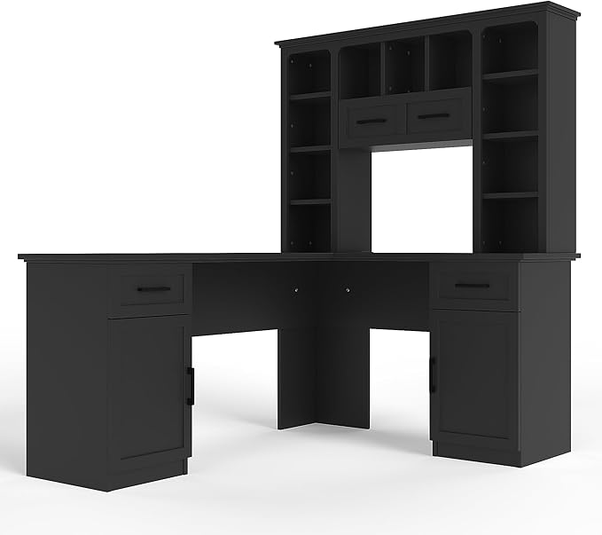 Polibi L-Shaped Computer Desk with Storage - 2-in-1 Design with 2 Drawers and 2 Cabinets 11 Open Shelves &amp Power Outlet for Home Office Black