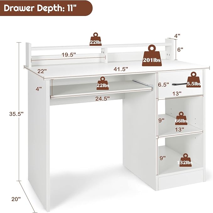 COSTWAY Computer Desk with Hutch Home Office Desk with Drawer Adjustable Shelf &amp Keyboard Tray Study Writing Desk Executive Workstation for Living Room Bedroom &amp Study (White)