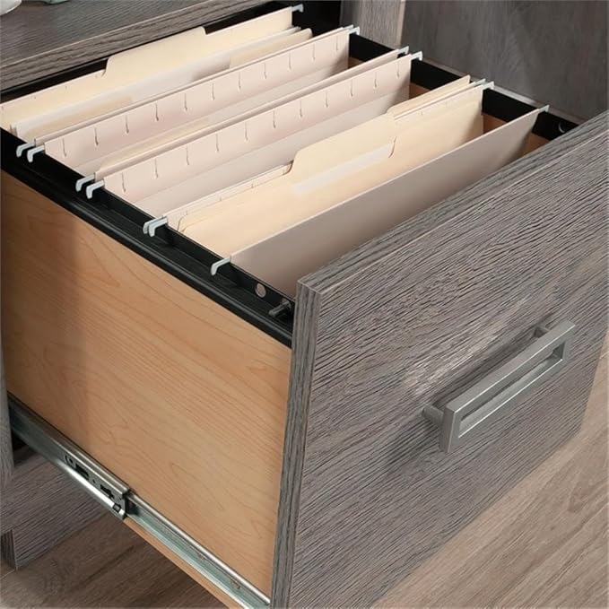Pemberly Row Contemporary Engineered Wood Desk Ashen Oak Finish 47 in Wide with File Drawer Open Shelf Cord Management System Modern Home Office or Workspace Furniture