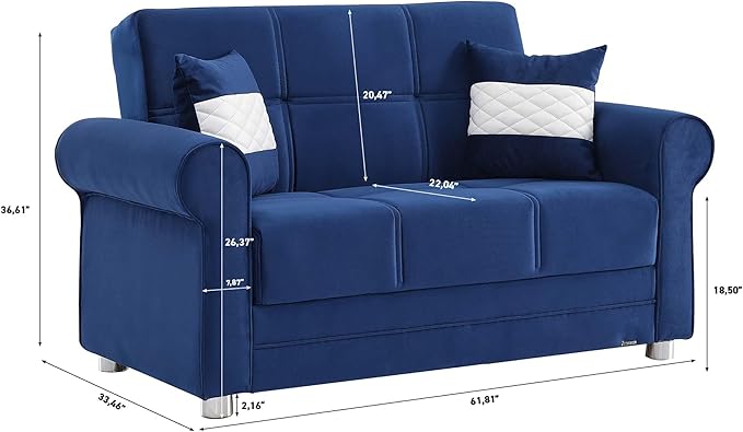 Sweet Home Stores 61 Loveseat with Storage Firm Fabric 2 Seater Convertible Small Sleeper Couch Bed for Living Room or Home Office Blue