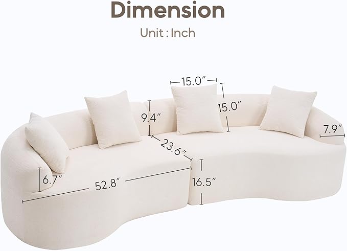 Yoglad 110‘’ Boneless Curved Sofa Modern Cloud 4-Seater Floor Couch Minimalist Compression Sofa for Living Room Apartment Studio Office No Assembly Needed(Chenille Beige White)