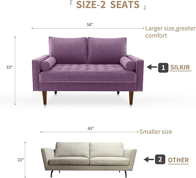 SILKIR Velvet Loveseat Sofa Love Seats Furniture for Small Spaces Mid-Century Modern Loveseats for Living Room Love Seat Couch 58 Inches Lavender