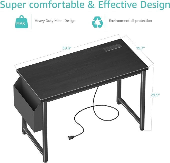 Lufeiya 39 inch Computer Desk with Power Outlet 40 inch Teen Study Table Home Office Work Writing Desks with Charging Station Outlets Built in Black