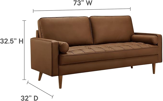 Modway Valour 73 Inch Faux Leather Sofa in Brown – Upholstered Sofa with Tufted Seat - 3-Seater Leather Couch with Cozy Wide Seats - Mid-Century Modern Couch for Living Room